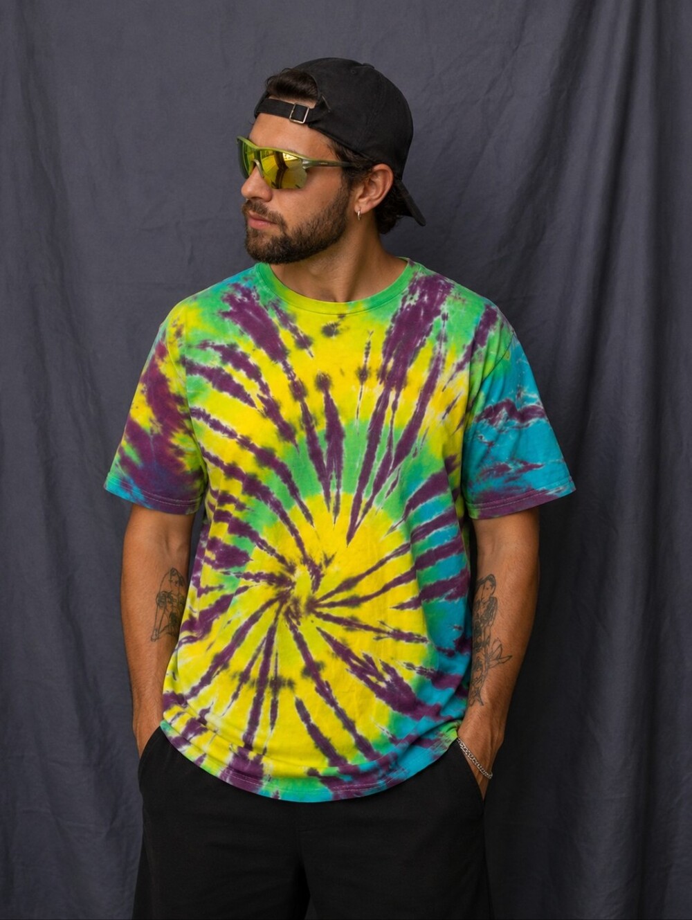 Handmade Tie-Dye Spiral Short Sleeve Tee in Yellow, Green & Purple